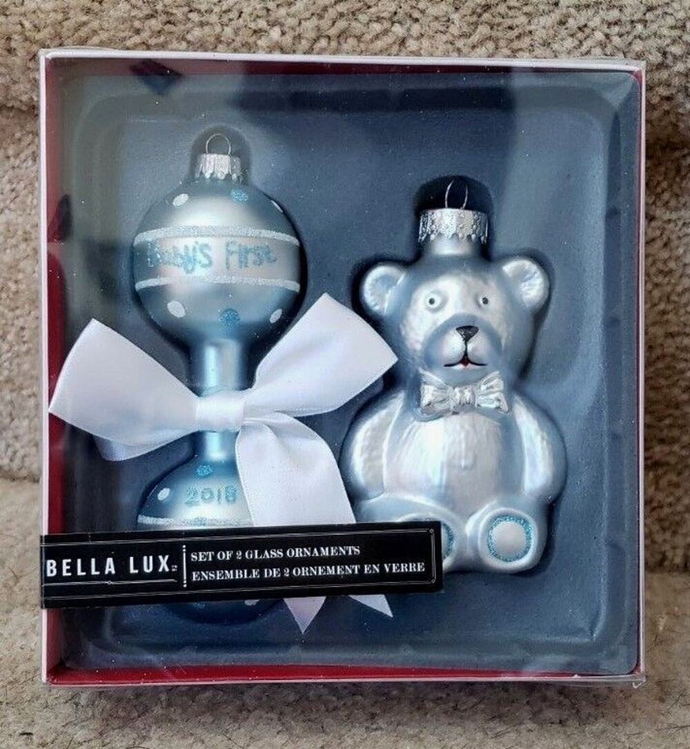 Set of 2 BELLA LUX GLASS CHRISTMAS ORNAMENTS Baby Boy's 1st Christmas 2018